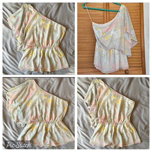 ALICE + OLIVIA one Shoulder Asymmetric Floral Blouse M 6 8 Tank Top 70s fairy - Picture 6 of 9